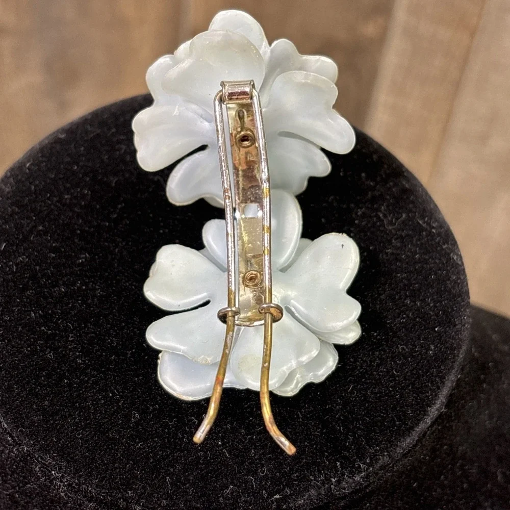 Vintage 1940s 50s Atomic Age Lucite Floral Barrette Blue Rhinestone